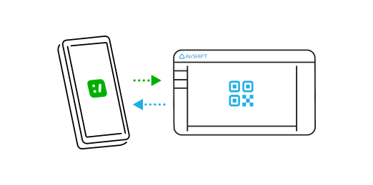 イラスト：連携用QRを表示したAirシフトとシフトボードが連携している様子。