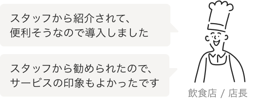 スタッフから紹介されて、便利そうなので導入しました。スタッフから勧められたので、サービスの印象もよかったです。飲食店/店長